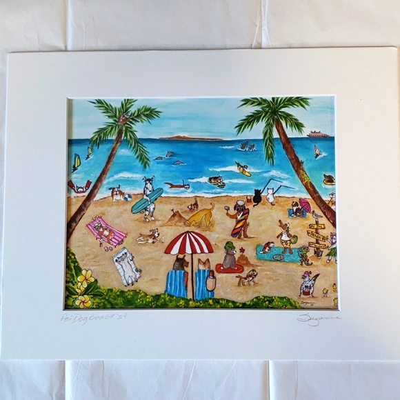 Original Art Print "Poi Dog Beach" 8×10 Hawaiian Art Matted Ready To Frame - Picture 7 of 8